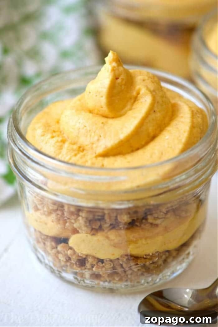 Layered No-Bake Pumpkin Cheesecake in Jars Layers of crushed crust and creamy pumpkin cheesecake filling in a glass jar, ready to be enjoyed as a festive no-bake treat.