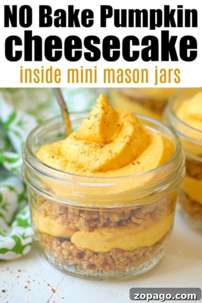 Delicious No-Bake Pumpkin Cheesecake – A Favorite Fall Treat Close-up of a no-bake pumpkin cheesecake in a jar, showcasing its creamy texture and distinct crumbly crust layers, an ideal individual dessert.