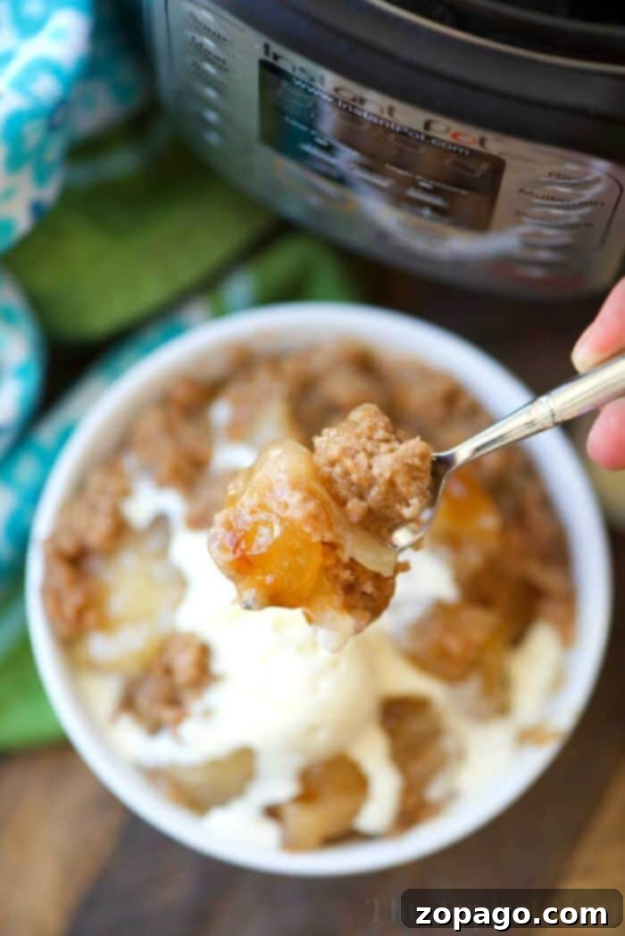 Easy Instant Pot Dump Cake 2 Instant Pot apple dump cake, a warm and gooey dessert topped with ice cream, made effortlessly in a pressure cooker.