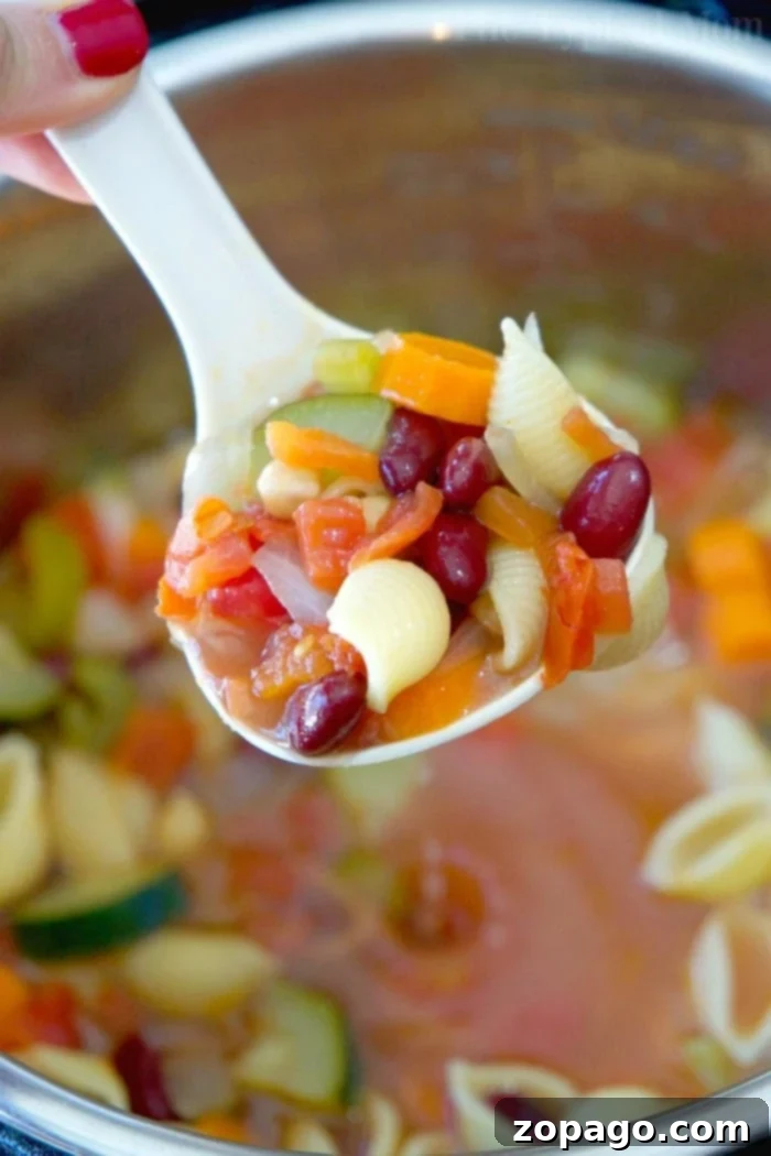 Easy Instant Pot Minestrone Soup: Healthy Vegetarian Pressure Cooker Recipe with Pasta & Beans A vibrant bowl of Instant Pot minestrone soup, brimming with pasta, kidney beans, zucchini, and carrots, garnished with fresh parsley.