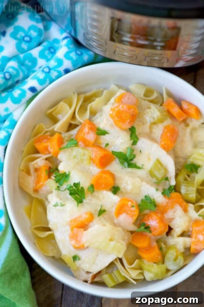 This Instant Pot pork stroganoff recipe is delicious! Filled with moist pork tenderloin and veggies with a warm creamy sauce on top, you're sure to love it! A hearty bowl of pork stew with carrots, celery, and pasta, all warmly garnished with parsley. It sits on a wooden table beside a blue cloth, echoing the comfort of an instant pot pork stroganoff recipe.