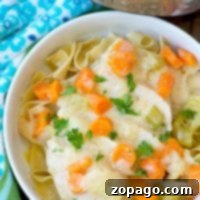 Pork Stroganoff 3 A hearty bowl of pork stew with carrots, celery, and pasta, all warmly garnished with parsley. It sits on a wooden table beside a blue cloth, echoing the comfort of an instant pot pork stroganoff recipe.