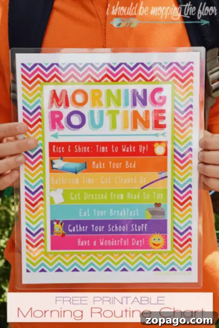 Streamline your mornings with free back to school printables, including morning routine charts and organizational tools. A colorful printable morning routine chart for children, depicting various tasks from waking up to heading to school, designed to promote independence and reduce morning stress.
