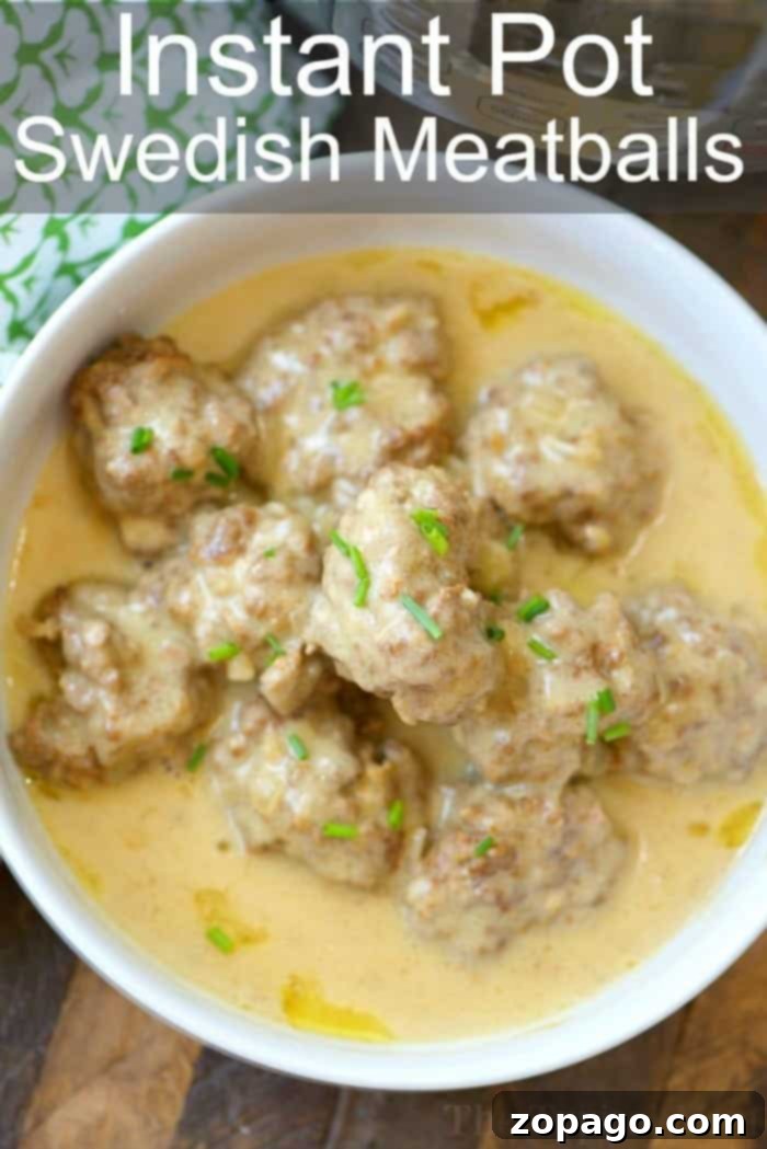 Effortless Instant Pot Swedish Meatballs 4 Close-up of perfectly cooked Instant Pot Swedish meatballs simmering in a rich, creamy sauce, garnished with fresh herbs.