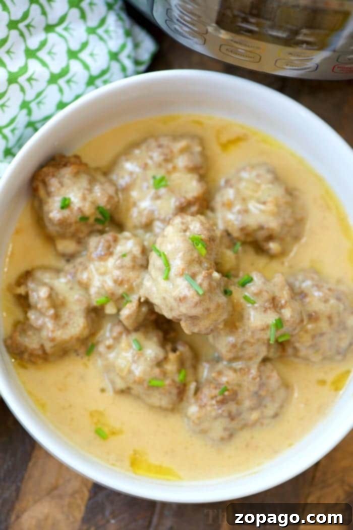 Effortless Instant Pot Swedish Meatballs 5 Close-up of easy homemade Instant Pot Swedish meatballs served with egg noodles and fresh parsley for a complete meal.