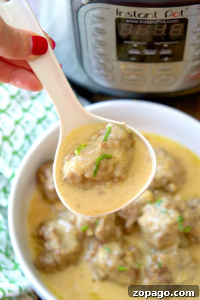 Effortless Instant Pot Swedish Meatballs 7 A family-sized serving of creamy Instant Pot Swedish meatballs with a sprinkle of fresh parsley, ready to be enjoyed.