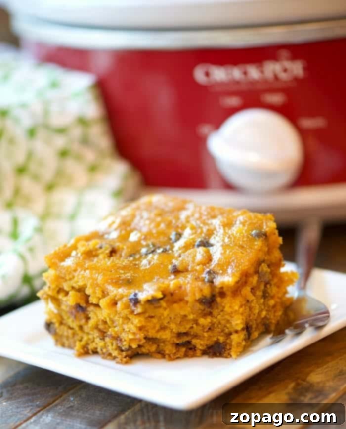 Enjoying a delicious slice of homemade Crockpot Pumpkin Chocolate Chip Bread. A generous slice of moist pumpkin bread with visible chocolate chips, served on a white plate, with the slow cooker gently steaming in the background.