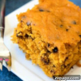 A slice of crockpot pumpkin bread cake with chocolate chips rests invitingly on a white plate.