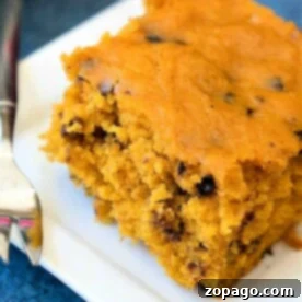 A slice of crockpot pumpkin bread cake with chocolate chips rests invitingly on a white plate, showcasing its moist texture and delicious appearance.
