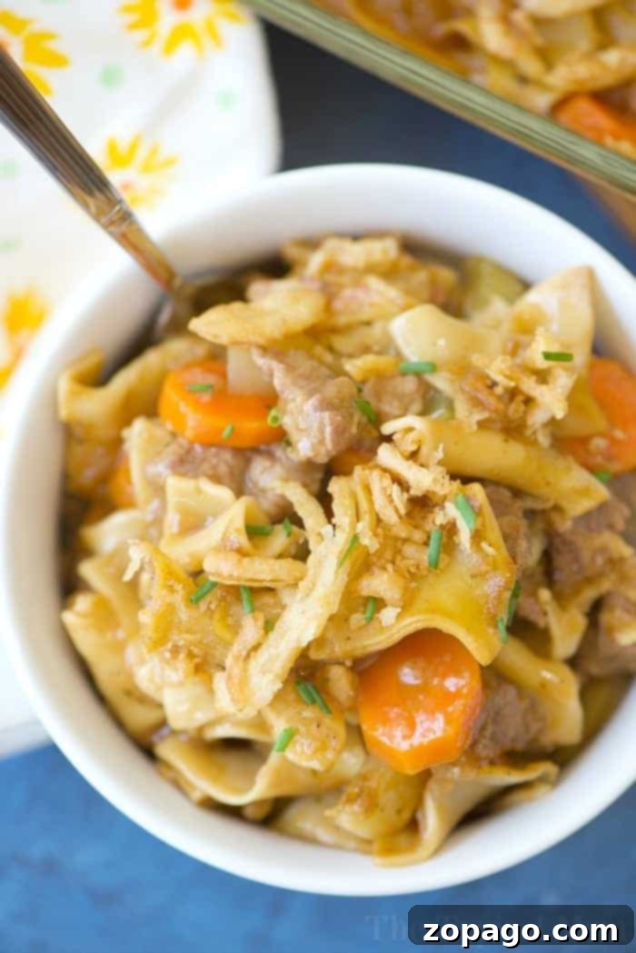 Delicious Beef Stew Casserole - A Hearty Family Meal. A close-up shot of easy beef stew casserole showing the rich sauce, tender beef, and colorful vegetables.