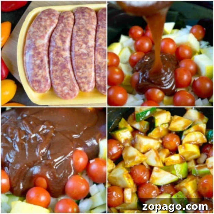 Hearty Slow Cooker Sausage and Veggies 4 Close-up of crockpot sausage and vegetables simmering in a slow cooker, showcasing colorful peppers and tender sausage.