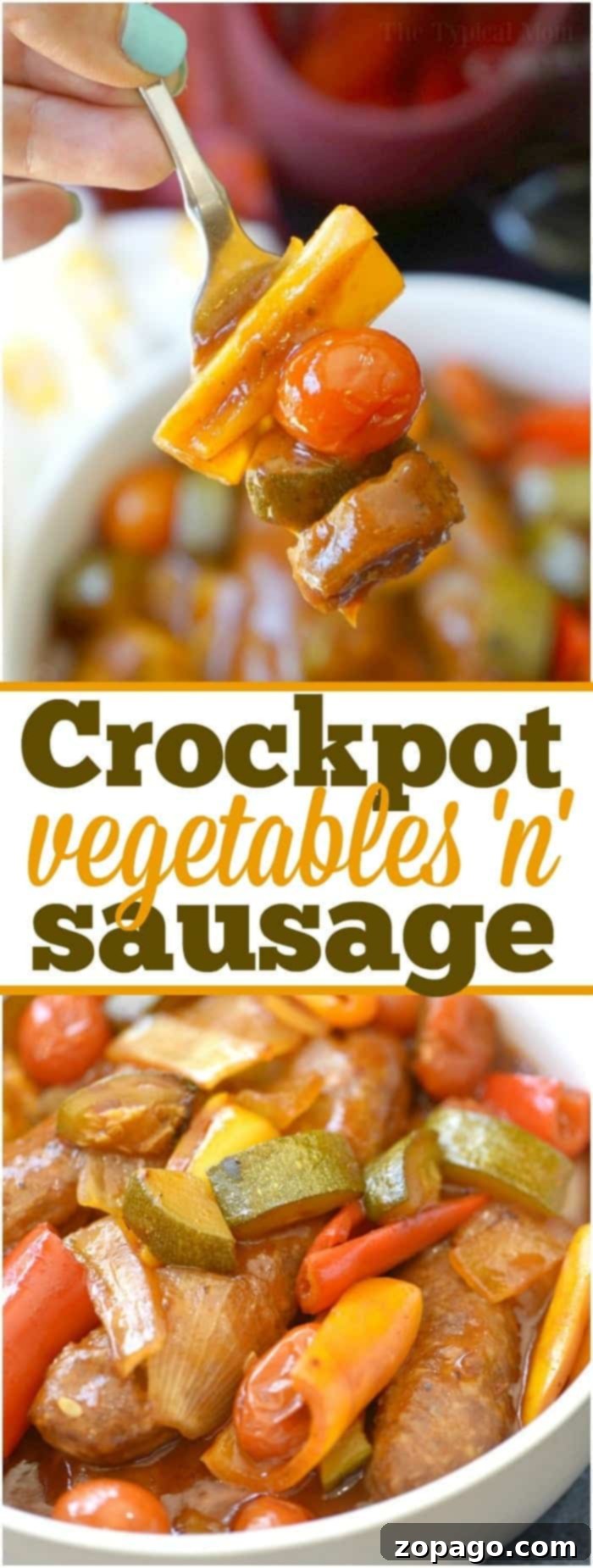 Hearty Slow Cooker Sausage and Veggies 7 A vibrant crockpot sausage and vegetables meal, garnished with fresh herbs, ready to be served.