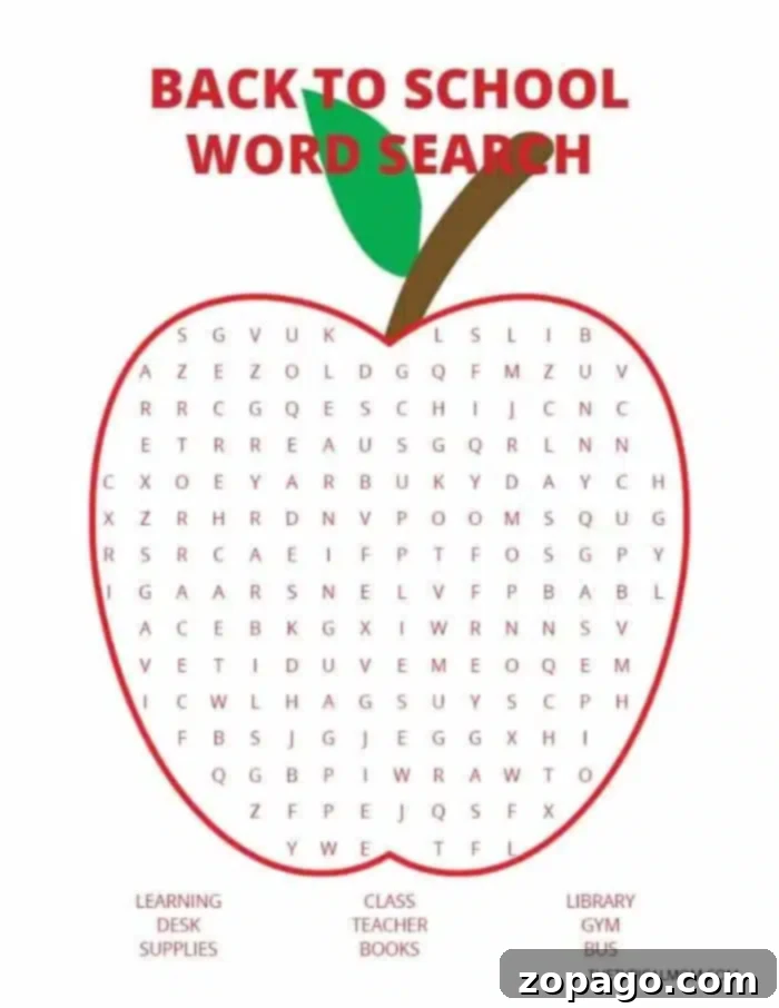 This free back to school word search is an exciting and educational activity for kids in the classroom or at home, suitable for elementary and kindergarten students as they prepare for the new school year. An engaging apple-shaped back to school word search puzzle. Children can hunt for words like Learning, Desk, Supplies, Teacher, Library, Crayon, Books, and more, all cleverly hidden within the grid. This colorful and fun puzzle is perfect for kicking off the new school year with an educational activity.