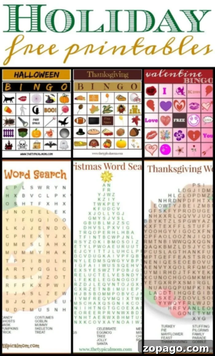 Explore our extensive collection of free holiday printables, including word searches, Bingo, and coloring pages, designed to bring joy and learning to kids throughout every season. A vibrant collection of free holiday printables for various occasions, showcasing a variety of educational and fun activities for children. These printables offer engaging ways to celebrate and learn throughout the year, perfect for home or classroom use.