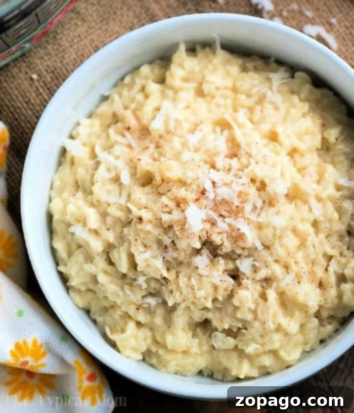 Instant Pot Dessert Delights 2 A bowl of creamy rice pudding, effortlessly crafted using instant pot dessert recipes, is topped with shredded coconut and a sprinkle of cinnamon.