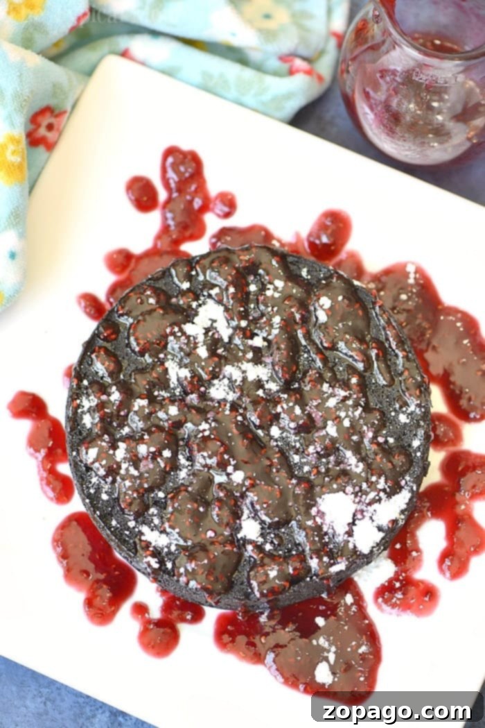 This easy Instant Pot chocolate cake with raspberry sauce recipe is so amazing you won't want to share! The moistest cake ever and only takes 35 minutes! #instantpot #pressurecooker #chocolate #cake #dessert A slice of Instant Pot chocolate cake on a plate, garnished with fresh raspberries and powdered sugar, showcasing its rich, dense texture.