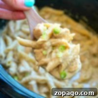 Creamy Pesto Alfredo Chicken Pasta 2 A hand holds a wooden spoon of creamy pasta with green onions over a slow cooker, ready to serve this crockpot pesto chicken alfredo casserole.