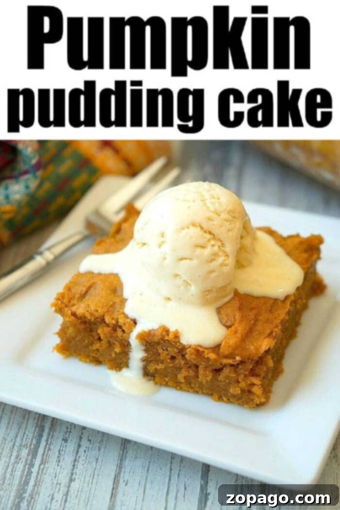 Pumpkin pudding cake recipe that tastes like pumpkin pie but way better! Just 6 ingredients to dump in and bake to moist perfection. Best Fall dessert! #pumpkin #cake #dump #pudding #sheet A beautifully presented whole easy pumpkin pudding cake, ready for serving, showcasing its golden-brown top and inviting texture.