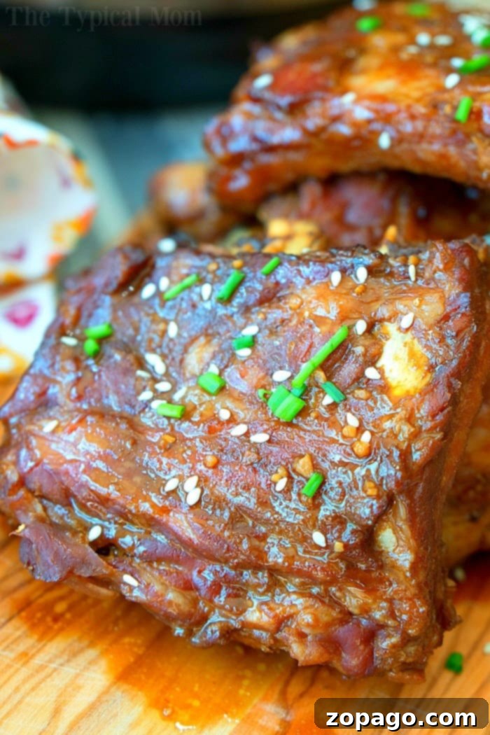 Perfectly Glazed Pressure Cooker Ribs Close-up of succulent Instant Pot teriyaki ribs, ready to serve