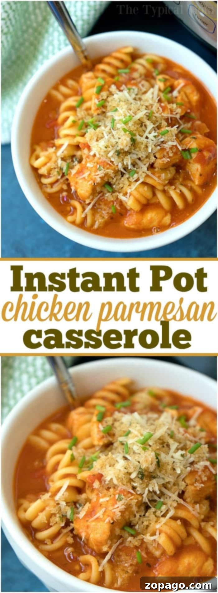 Instant Pot Chicken Parmesan Casserole: A perfect and delicious answer to what's for dinner tonight when you're in a hurry. Three bowls of Instant Pot chicken parmesan casserole, garnished and ready to be enjoyed.