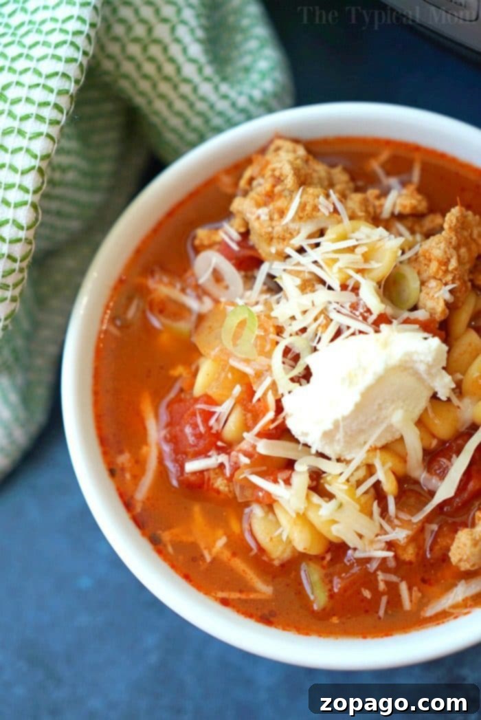 A bowl of rich Instant Pot lasagna soup, garnished with herbs and cheese.