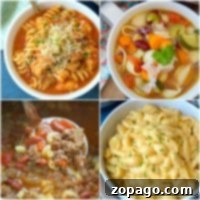 A collage of four bowls of pasta dishes showcases Instant Pot pasta recipes: top left pasta in red sauce, top right vegetable pasta soup, bottom left ground beef and bean pasta, bottom right creamy macaroni and cheese.