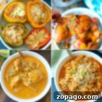 Budget-Friendly Instant Pot Meals 3 Four delicious dishes: stuffed peppers, a tender chicken drumstick, flavorful curry chicken, and pasta with rich tomato sauce and cheese—all easily crafted as cheap Instant Pot recipes for family dinners.