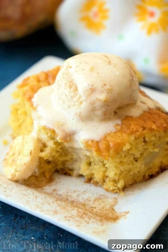 Ultimate Banana Pudding Cake 2 A slice of banana pudding cake topped with melting vanilla ice cream on a white plate, sprinkled with cinnamon, resembles the decadence of a cake mix banana pudding cake.