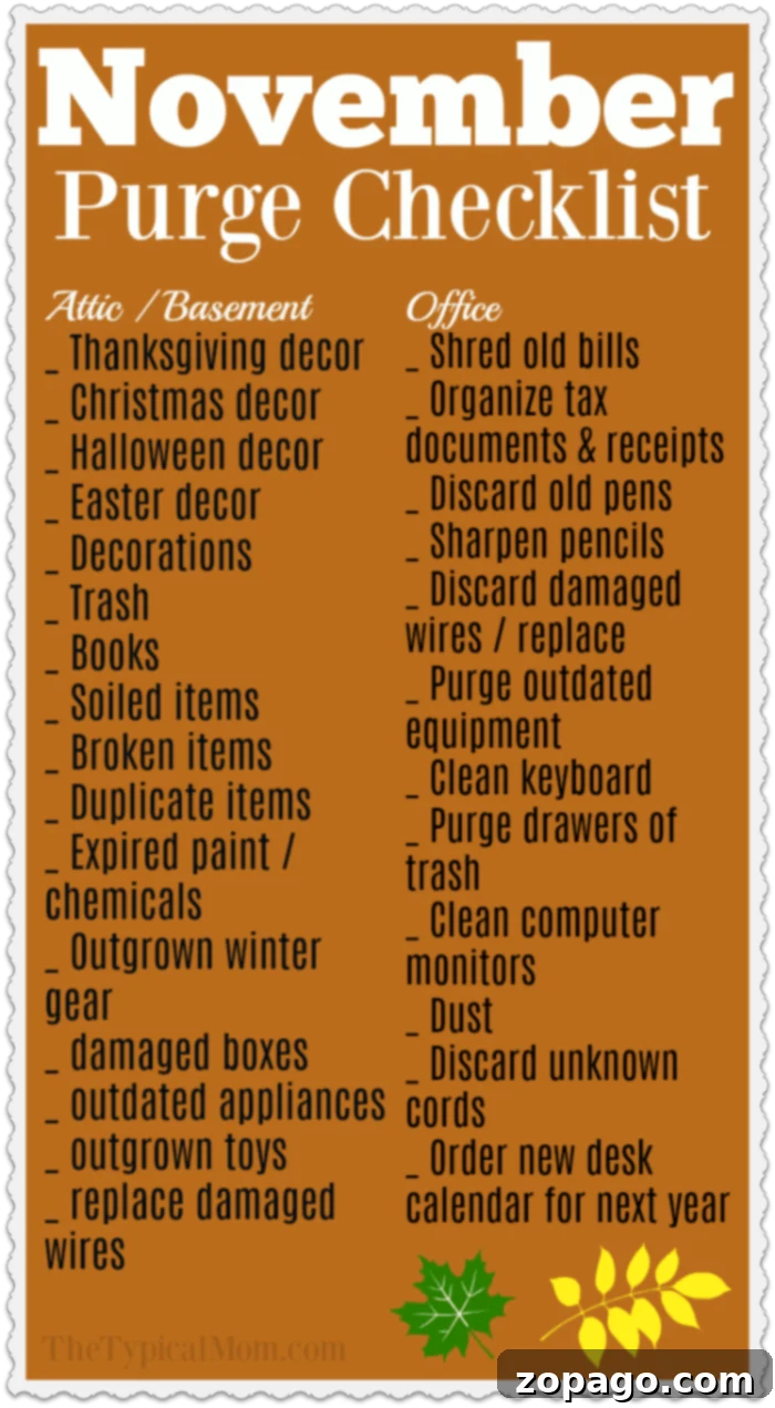 Clearing clutter in your home for the new year with this free monthly organization printable! November is time to purge the attic of old holiday decor. #organization #cleaning #printable Clearing clutter in your home, showing a checklist with checkboxes