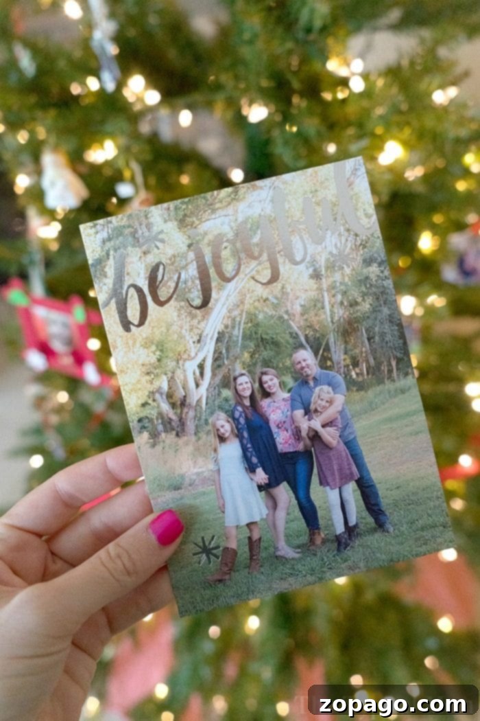 Send festive cheer with custom designed holiday cards featuring your family photos. A beautifully designed personalized Christmas card showcasing a family photo with festive accents, embodying the spirit of holiday greetings ready to be shared with loved ones.