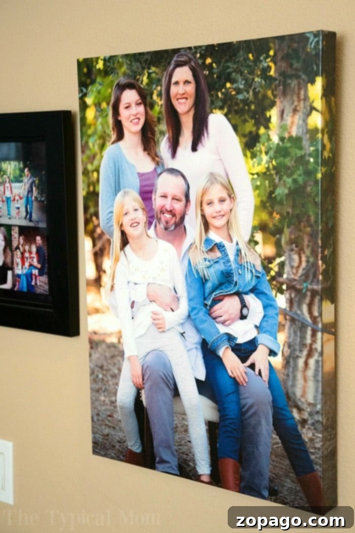 Adorn your walls with priceless memories through custom canvas prints. A large, custom printed canvas showcasing a beautiful family portrait, serving as a focal point in home decor and a cherished daily reminder of loved ones.