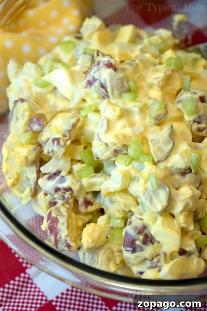 Creamy Instant Pot Potato Salad with Hard-Boiled Eggs Close-up of fluffy Instant Pot Potato Salad with visible chunks of egg and a creamy dressing.