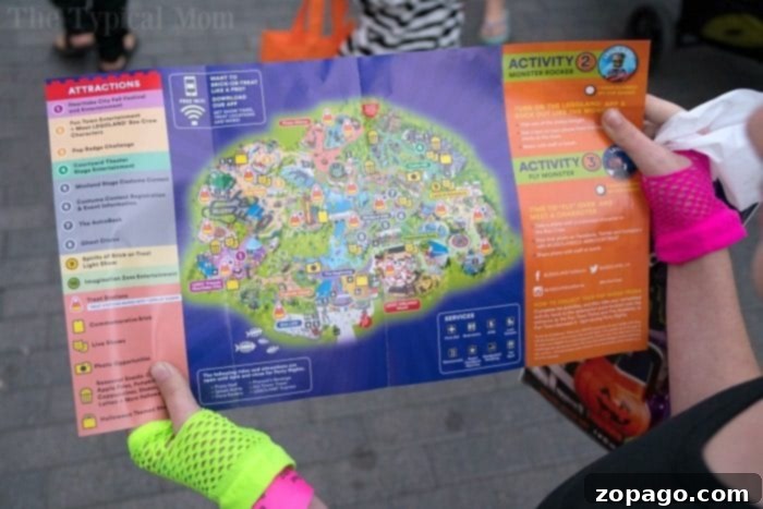 Legoland Brick or Treat The Spooktacular Verdict 2 Legoland Brick-or-Treat event map showing candy stations and special activities.