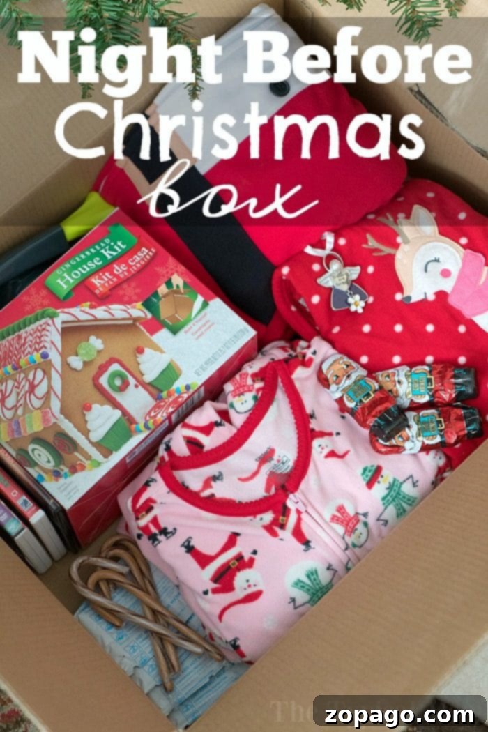 Night before Christmas box tradition is so much fun! Here's how you make one and why my kids look forward to it every year no matter how old they are. Cozy Night Before Christmas Box filled with festive goodies for family fun.