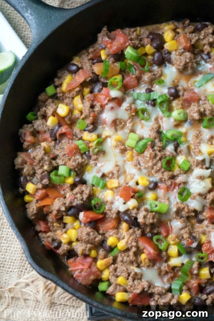 Loaded Taco Dip 4 A close-up of a warm, bubbling cheesy ground beef taco dip in a cast iron skillet, with melted cheese stretching as a chip is dipped in, ready to be enjoyed.