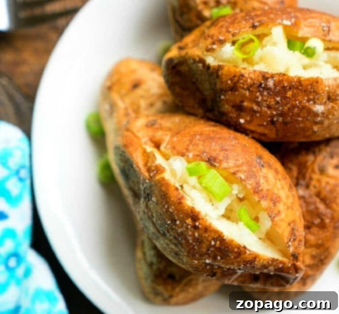 Ultimate Ninja Foodi Baked Potatoes 2 Ninja Foodi baked potatoes fresh out of the air fryer, golden brown and crispy.
