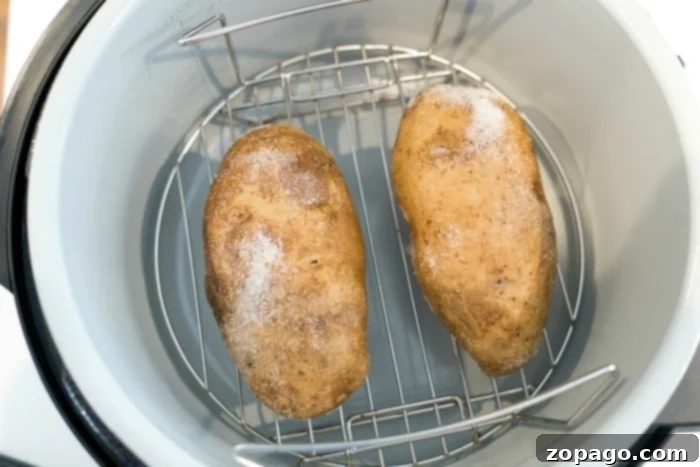 Ultimate Ninja Foodi Baked Potatoes 4 Two Ninja Foodi baked potatoes, perfectly golden and split open, ready to be topped.