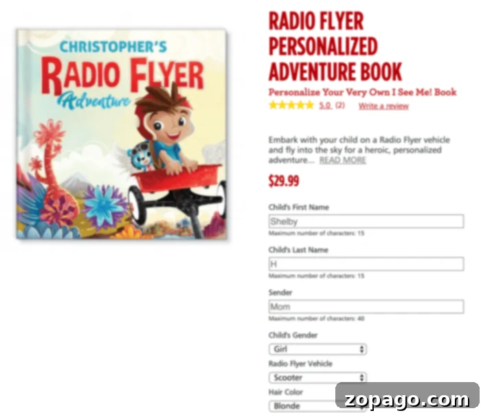 Personalized Childrens Books 2 Customization screen for creating a personalized children's book, showing options for name, gender, hair, skin, and vehicle.