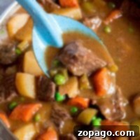 Close-up of a ladle lifting beef stew, simmered on high in a crockpot, with carrots, potatoes, peas, and celery from the pot.