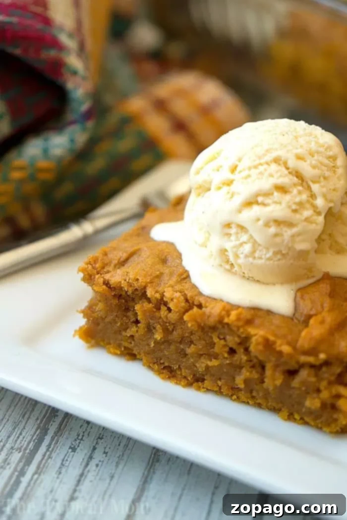 Delicious slice of pumpkin pudding cake with vanilla ice cream. A perfectly sliced pumpkin pudding cake, served on a white plate with two scoops of creamy vanilla ice cream, highlighting its moist texture.