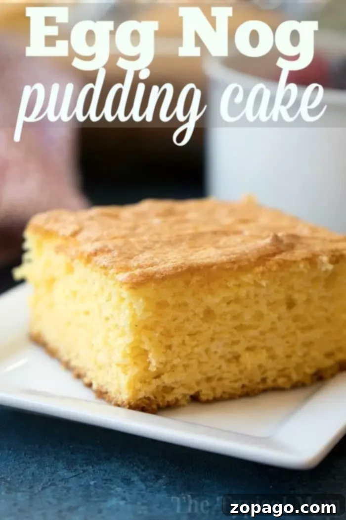 Moist slice of eggnog pudding cake, ideal for holiday desserts. A close-up view of a perfectly sliced eggnog pudding cake on a crisp white square plate, showing its dense, moist crumb.