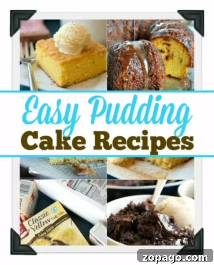 Collage of easy pudding cake recipes for delicious desserts. A vibrant collage showcasing various "Easy Pudding Cake Recipes." Images include a slice of cake with ice cream, boxed cake mixes, and baking preparations, emphasizing the simplicity and deliciousness of pudding-infused cakes.