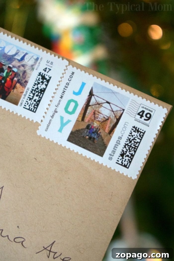 Custom Photo Stamp for Holiday Cards and Birth Announcements Personalized postage stamp featuring a family photo for holiday cards.