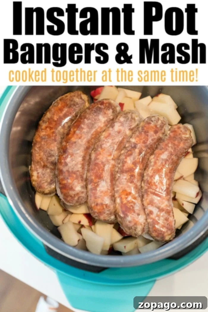 Instant Pot bangers and mash: delicious brats or sausage cooked with mashed potatoes for an easy, satisfying meal. #bangersandmash #sausage #brats #instantpotrecipes #instantpotrecipeseasy Instant Pot bangers and mash, featuring sausages and creamy mashed potatoes.