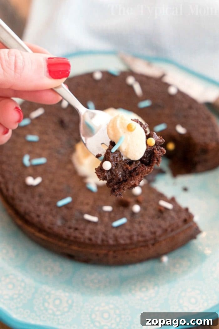 A freshly baked Instant Pot chocolate pudding cake, adorned with festive sprinkles and a scoop of vanilla ice cream, on a blue serving plate.