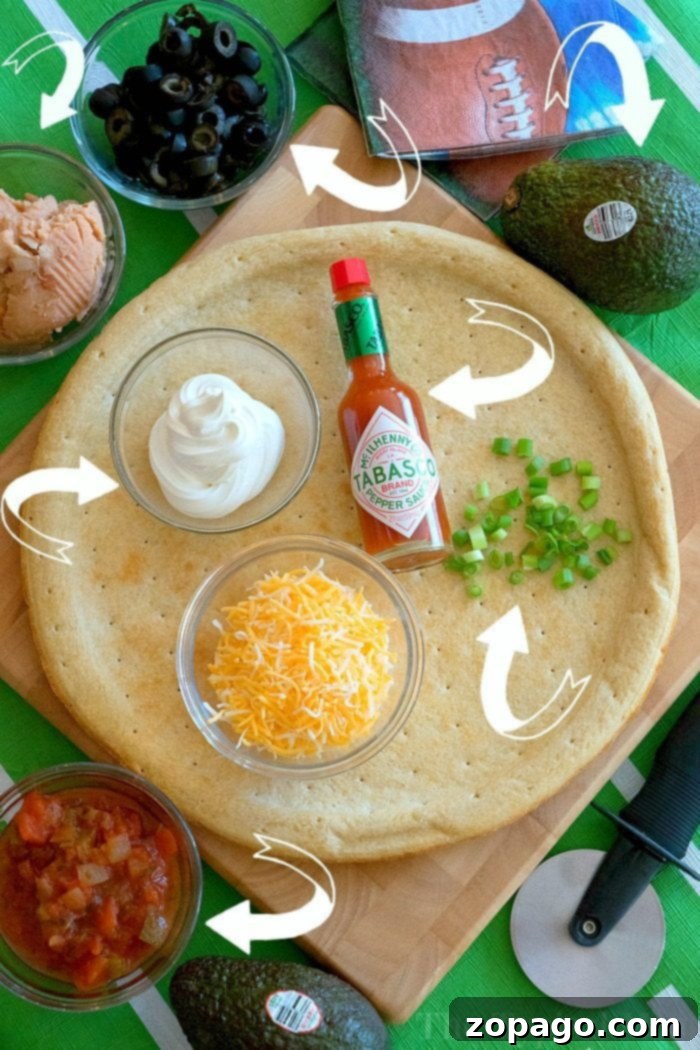 Loaded 7 Layer Pizza Dip 2 Delicious 7 layer dip pizza with guacamole, cheese, and olives, perfect for football parties.