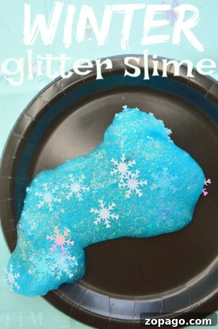 Crafting Winter Glitter Slime: A Simple and Safe Borax-Free DIY Project. Winter Glitter Slime close-up