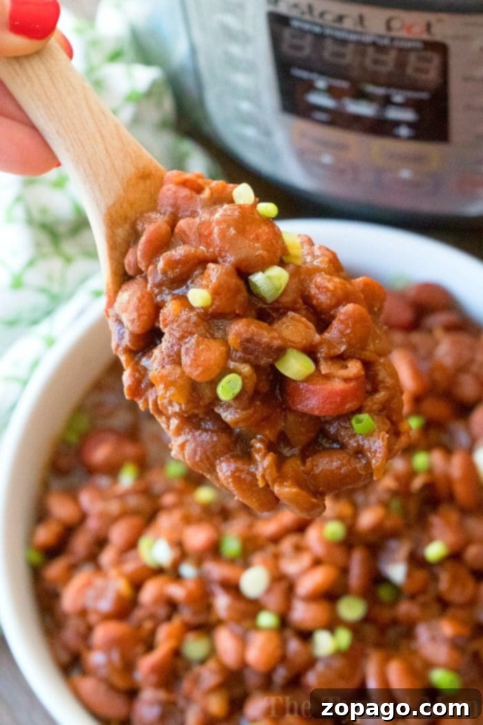 Easy Instant Pot Beans and Franks: No-Soak Pressure Cooker Recipe for Kids and Potlucks Hearty Instant Pot Beans and Franks ready to serve, featuring pinto beans, sliced hot dogs, and a rich, sweet, and tangy sauce, perfect for a family dinner or potluck.