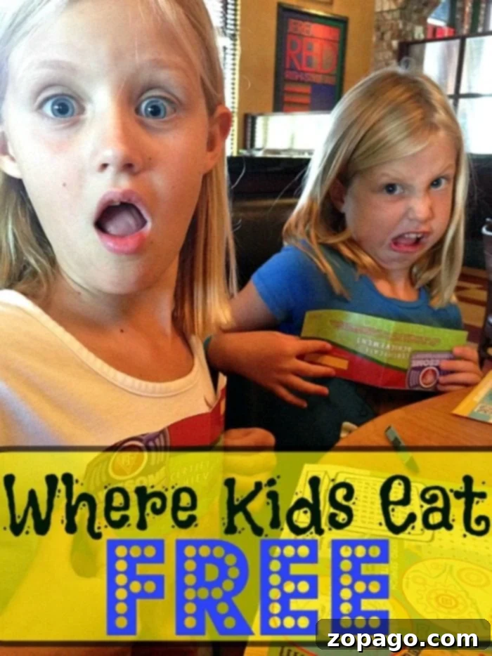 Where kids eat free every day of the week! If you have a family and like to save money when eating out at restaurants here is a list of places where your children can get a free meal and what day you should visit each one. Great resource for moms everywhere! Two young girls with surprised expressions sit at a table in a bustling restaurant. One is dressed in a crisp white shirt, while the other sports a cheerful blue one. A yellow banner below proudly announces this as the place where kids eat free, adding to their joy.