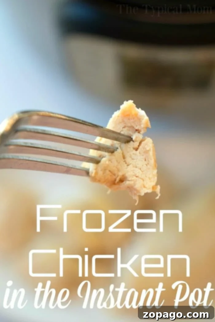 Frozen chicken in the Instant Pot or pressure cooker & how to cook it, here are the times you need! It is easy to do and a great way to make chicken sliders or shredded chicken meals for dinner. Tender chicken breasts become juicy in less than 15 minutes, you'll see. #instantpotrecipes #instantpot #pressurecooker #frozenchicken #instantpotcooktimes Frozen Chicken in the Instant Pot, showing two cooked chicken breasts with seasonings. This image illustrates the ideal tenderness achieved using a pressure cooker.